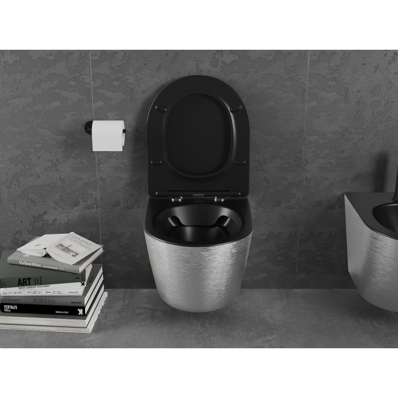 Mexen Lena miska wc Rimless s deskou pomalu sklopnou slim, duroplast, černá matná/stříbrný vzor linie - 30224073