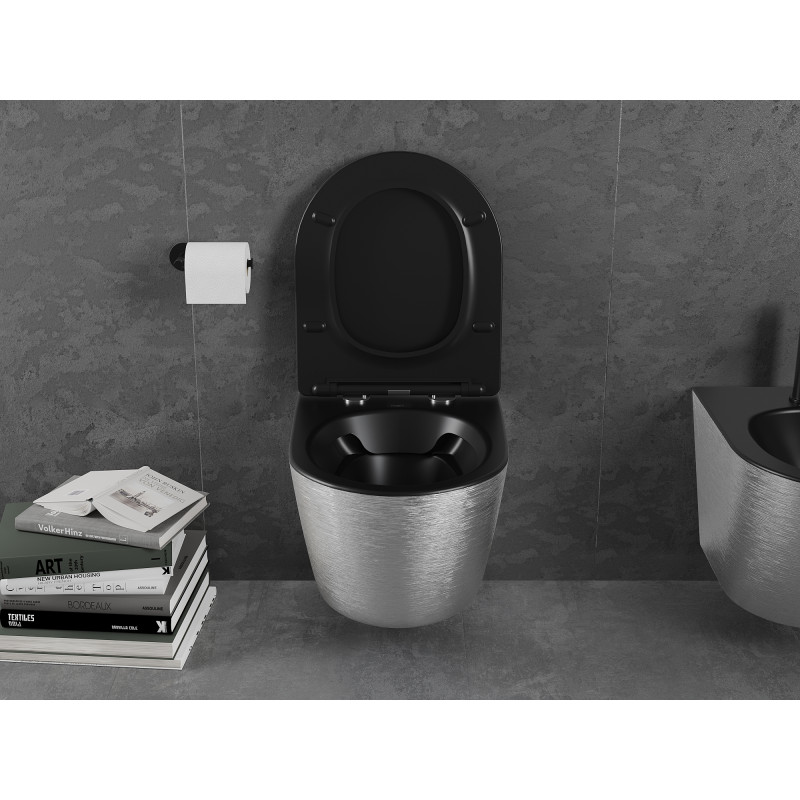 Mexen Lena WC mísa Rimless s pomalu uzavíratelným prkénkem slim, duroplast, černá matná/stříbrný vzor linie - 30224073