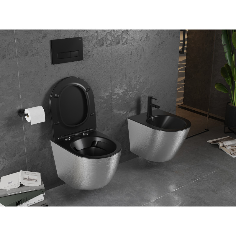 Mexen Lena WC mísa Rimless s pomalu uzavíratelným prkénkem slim, duroplast, černá matná/stříbrný vzor linie - 30224073
