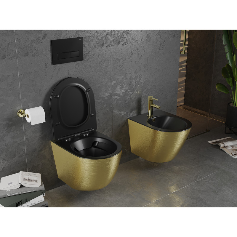 Mexen Lena WC mísa Rimless se zvolna klesající deskou slim, duroplast, černá matná/zlatý vzor linie - 30224077