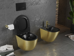 Mexen Lena WC mísa Rimless se zvolna klesající deskou slim, duroplast, černá matná/zlatý vzor linie - 30224077