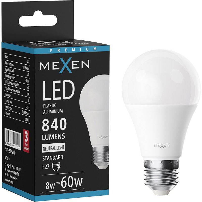 Mexen Nova LED žárovka E27, A60, 8W, Neutrální - 4000K, 840 lm - L100-E27-0840-01