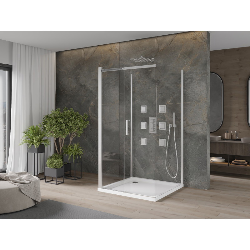 Mexen Omega-3S sprchový kout 3-stěnný, posuvný 100x100 cm, transparentní, chrom + vanička Flat - 825-100-100-01-00-3s-4010