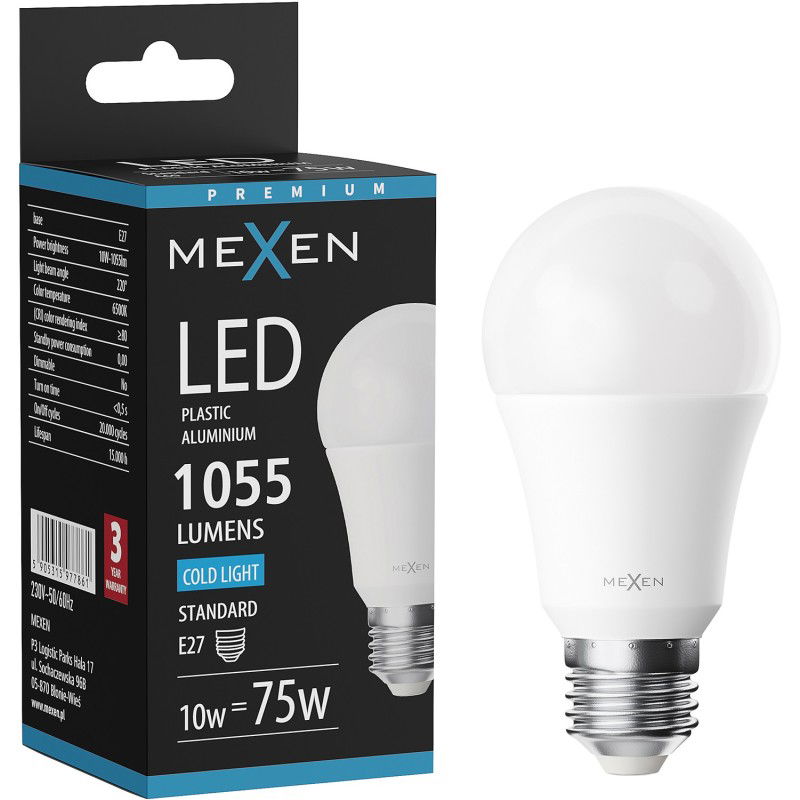Mexen Nova LED žárovka E27, A60, 10W, Studená - 6500K, 1055 lm - L100-E27-1065-01