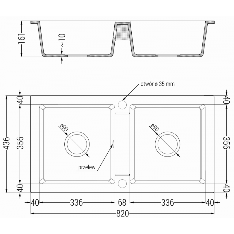 Mexen Mario žulový dřez 2-komorový 820 x 436 mm, černý skvrnitý, zlatý sifon - 6504822000-76-G