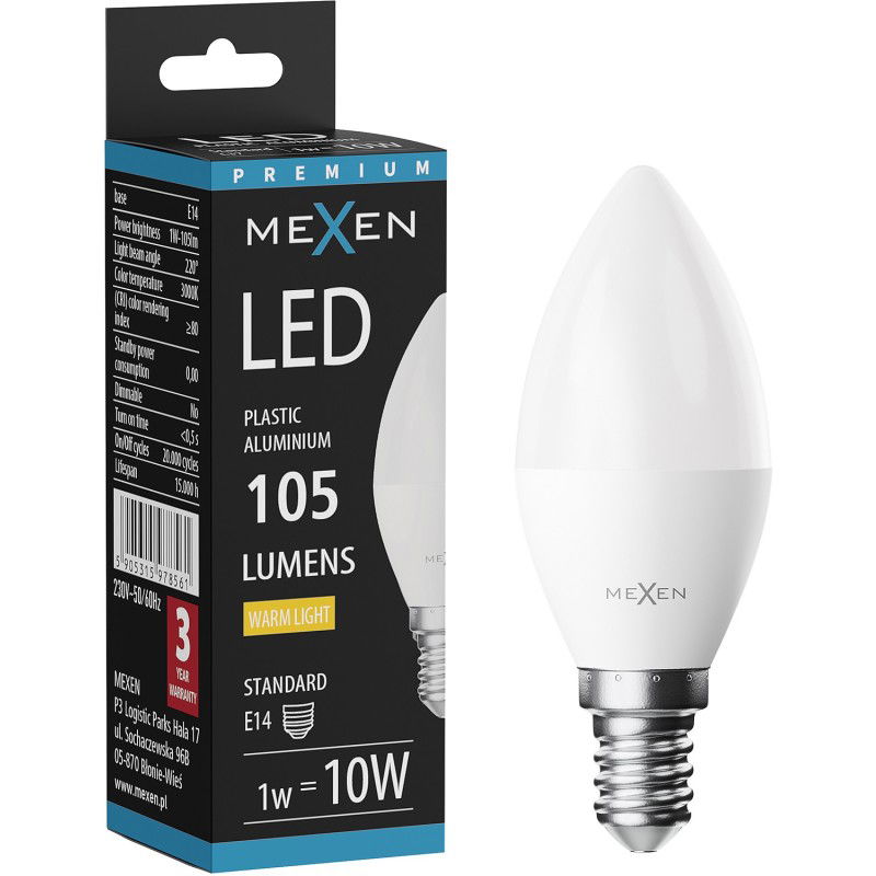 Mexen Nova LED žárovka E14, C37, 1W, Teplá - 3000K, 105 lm - L102-E14-0130-01