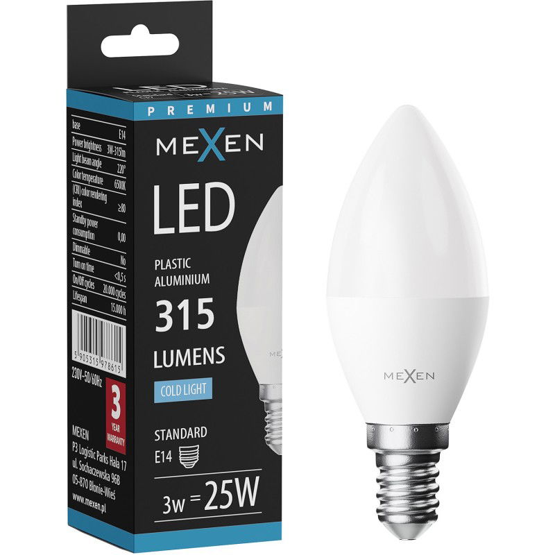 Mexen Nova LED žárovka E14, C37, 3W, Studená - 6500K, 315 lm - L102-E14-0365-01