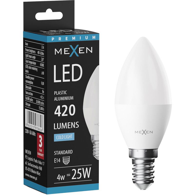 Mexen Nova LED žárovka E14, C37, 4W, Studená - 6500K, 420 lm - L102-E14-0465-01