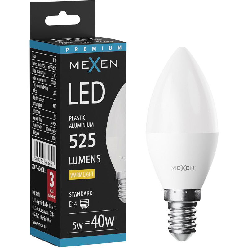 Mexen Nova LED žárovka E14, C37, 5W, Teplá - 3000K, 525 lm - L102-E14-0530-01