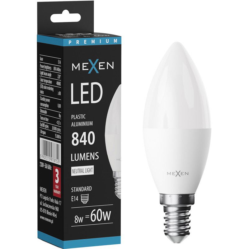 Mexen Nova LED žárovka E14, C37, 8W, Neutrální - 4000K, 840 lm - L102-E14-0840-01