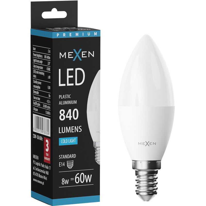Mexen Nova LED žárovka E14, C37, 8W, Studená - 6500K, 840 lm - L102-E14-0865-01