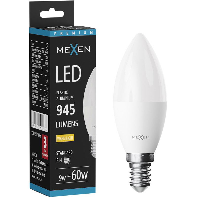 Mexen Nova LED žárovka E14, C37, 9W, Teplá - 3000K, 945 lm - L102-E14-0930-01