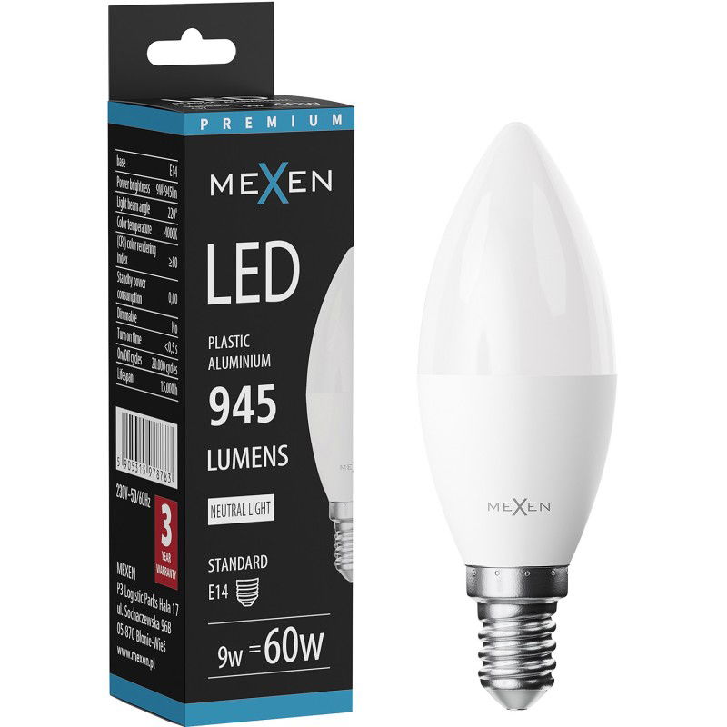 Mexen Nova LED žárovka E14, C37, 9W, Neutrální - 4000K, 945 lm - L102-E14-0940-01