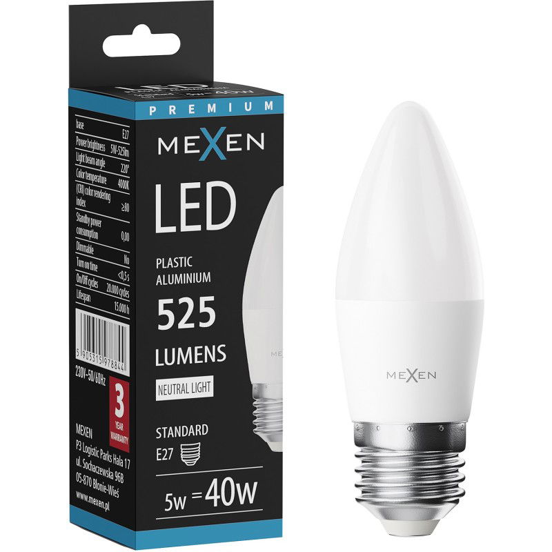 Mexen Nova LED žárovka E27, C37, 5W, Neutrální - 4000K, 525 lm - L102-E27-0540-01