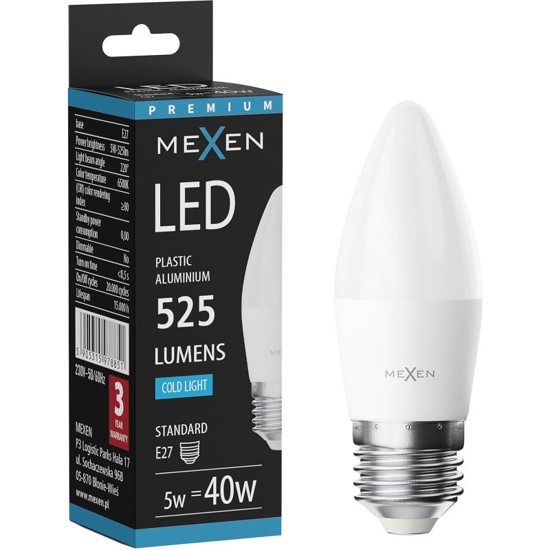 Mexen Nova LED žárovka E27, C37, 5W, Studená - 6500K, 525 lm - L102-E27-0565-01