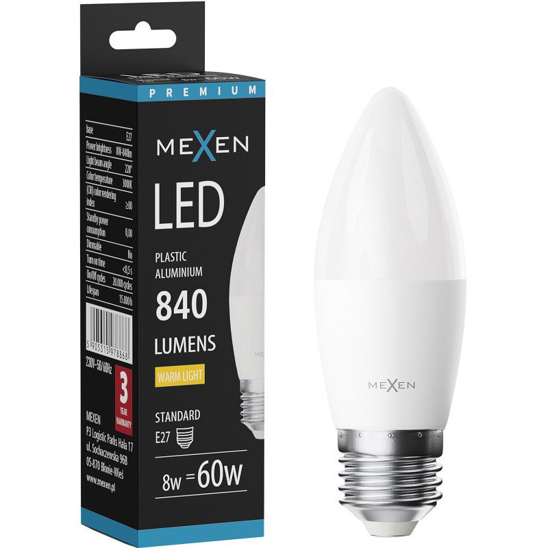 Mexen Nova LED žárovka E27, C37, 8W, Teplá - 3000K, 840 lm - L102-E27-0830-01