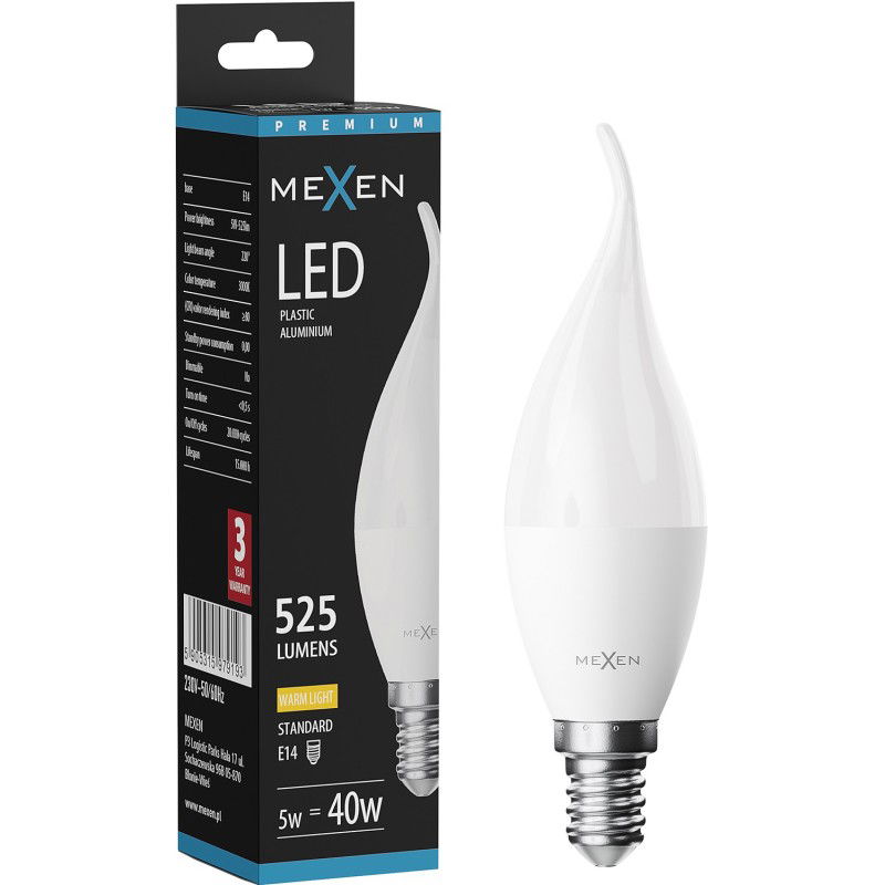 Mexen Nova LED žárovka plamen E14, C37, 5W, Teplá - 3000K, 525 lm - L106-E14-0530-01
