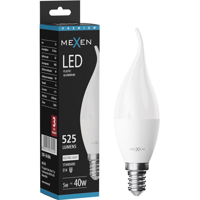 Mexen Nova LED žárovka plamen E14, C37, 5W, Neutrální - 4000K, 525 lm - L106-E14-0540-01