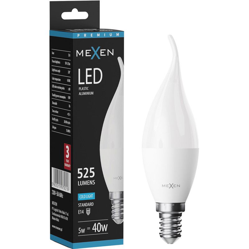 Mexen Nova LED žárovka plamen E14, C37, 5W, Studená - 6500K, 525 lm - L106-E14-0565-01