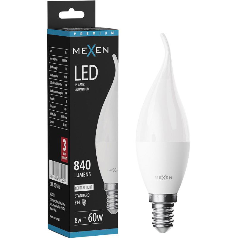 Mexen Nova LED žárovka plamínek E14, C37, 8W, Neutrální - 4000K, 840 lm - L106-E14-0840-01