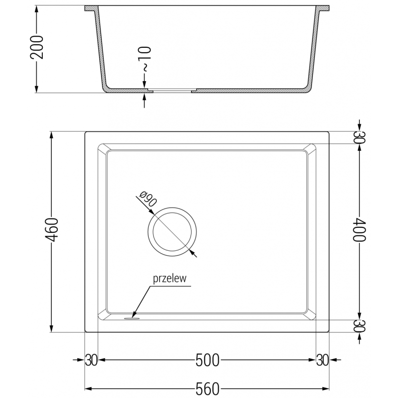 Mexen Pedro granitový dřez 1-komorový 560 x 460 mm, bílý, zlatý sifon - 6508561000-20-G