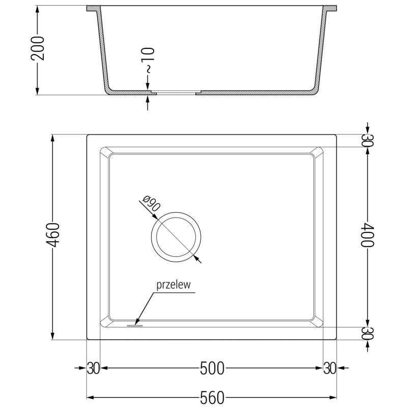 Mexen Pedro granitový dřez, 1-komorový, 560 x 460 mm, šedý, sifon zlatý - 6508561000-71-G