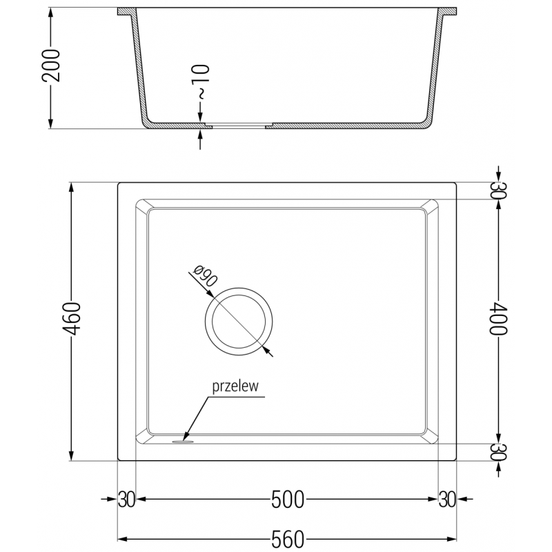 Mexen Pedro granitový dřez 1-komorový 560 x 460 mm, černý s tečkováním, zlatý sifon - 6508561000-76-G