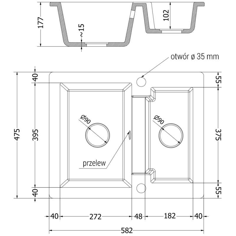 Mexen Carlos granitový dřez 1,5-komorový 582 x 475 mm, černý/zlatý metalický, chromový sifon - 6518581500-75