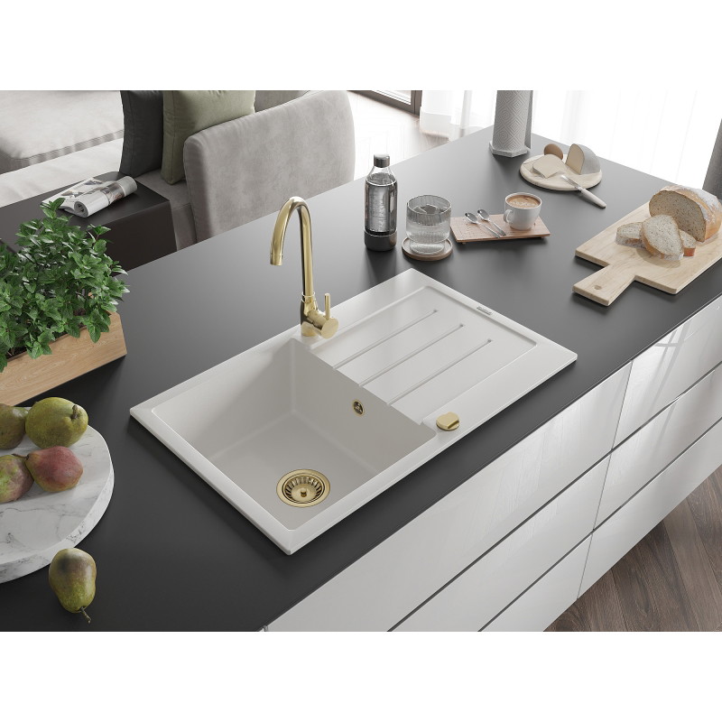 Mexen Bruno granitový dřez s 1 komorou s odkapávačem 795 x 495 mm, bílý, zlatý sifon - 6513791010-20-G