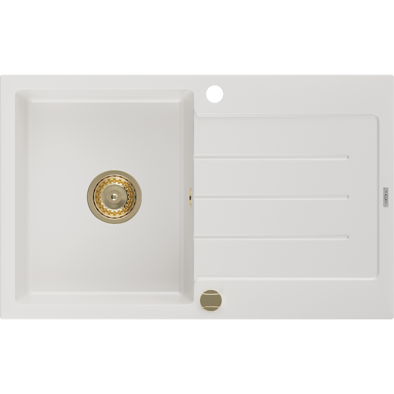 Mexen Bruno granitový dřez 1-komorový s odkapávačem 795 x 495 mm, bílý, zlatý sifon - 6513791010-20-G