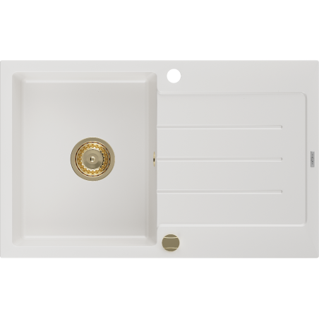 Mexen Bruno granitový dřez 1-komorový s odkapávačem 795 x 495 mm, bílý, zlatý sifon - 6513791010-20-G