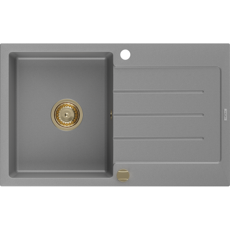 Mexen Bruno granitový dřez 1-komorový s odkapávačem 795 x 495 mm, šedý, zlatý sifon - 6513791010-71-G