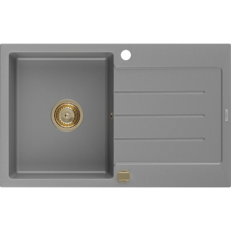 Mexen Bruno granitový dřez 1-komorový s odkapávačem 795 x 495 mm, šedý, zlatý sifon - 6513791010-71-G