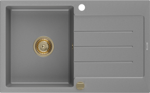 Mexen Bruno granitový dřez 1-komorový s odkapávačem 795 x 495 mm, šedý, zlatý sifon - 6513791010-71-G