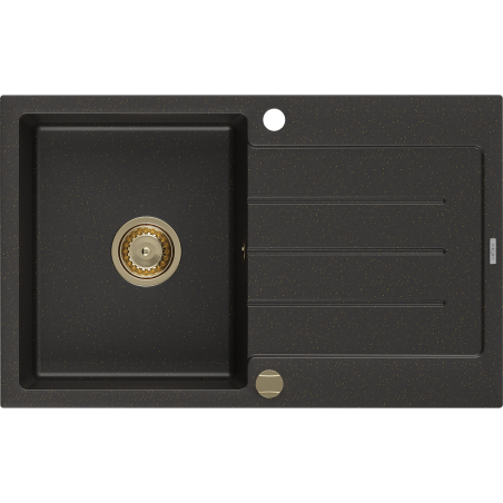 Mexen Bruno dřez granitový 1-komorový s odkapávačem 795 x 495 mm, černý/zlatý metalik, sifon zlatý - 6513791010-75-G