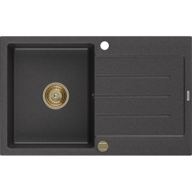 Mexen Bruno granitový dřez s odkapávačem 1-komorový 795 x 495 mm, černý s tečkami, zlatý sifon - 6513791010-76-G