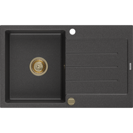Mexen Bruno granitový dřez s odkapávačem 1-komorový 795 x 495 mm, černý s tečkami, zlatý sifon - 6513791010-76-G