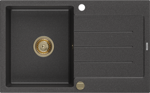 Mexen Bruno granitový dřez s odkapávačem 1-komorový 795 x 495 mm, černý s tečkami, zlatý sifon - 6513791010-76-G