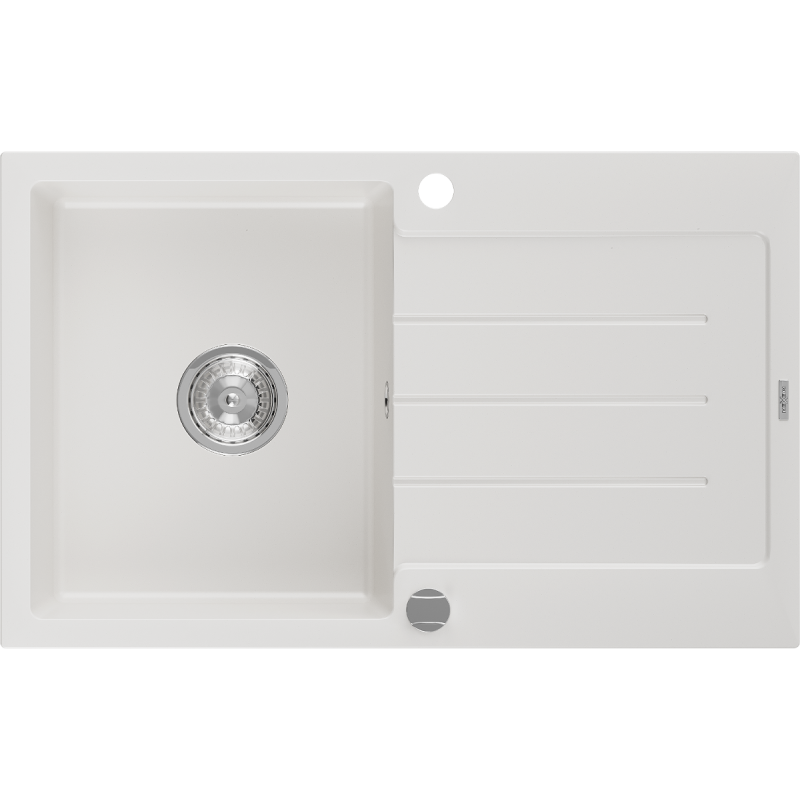 Mexen Bruno granitový dřez 1-komorový s odkapávačem 795 x 495 mm, bílý, sifon chrom - 6513791010-20