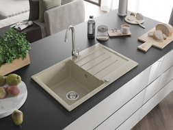 Mexen Bruno granitový dřez 1-komorový s odkapávačem 795 x 495 mm, béžový, sifon chrom - 6513791010-69