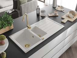 Mexen Andres granitový dřez 1,5-komorový s odkapávačem 1000 x 500 mm, bílý, zlatý sifon - 6515101510-20-G
