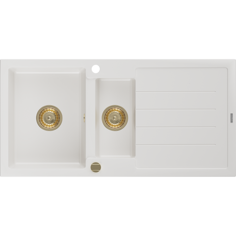 Mexen Andres granitový dřez 1,5-komorový s odkapávačem 1000 x 500 mm, bílý, zlatý sifon - 6515101510-20-G