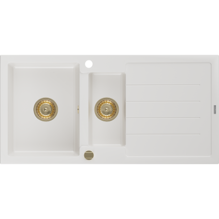 Mexen Andres granitový dřez 1,5-komorový s odkapávačem 1000 x 500 mm, bílý, zlatý sifon - 6515101510-20-G