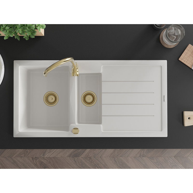 Mexen Andres granitový dřez 1,5-komorový s odkapávačem 1000 x 500 mm, bílý, zlatý sifon - 6515101510-20-G