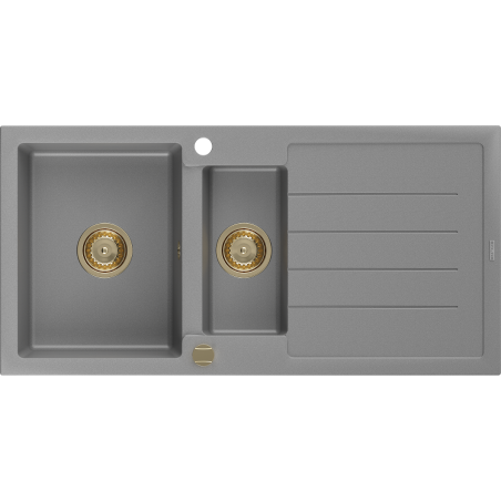 Mexen Andres granitový dřez 1,5-komorový s odkapávačem 1000 x 500 mm, šedý, zlatý sifon - 6515101510-71-G