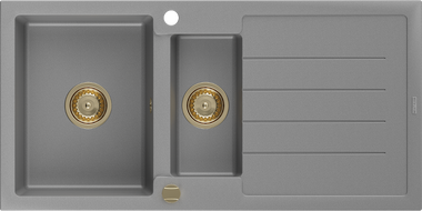 Mexen Andres granitový dřez 1,5-komorový s odkapávačem 1000 x 500 mm, šedý, zlatý sifon - 6515101510-71-G