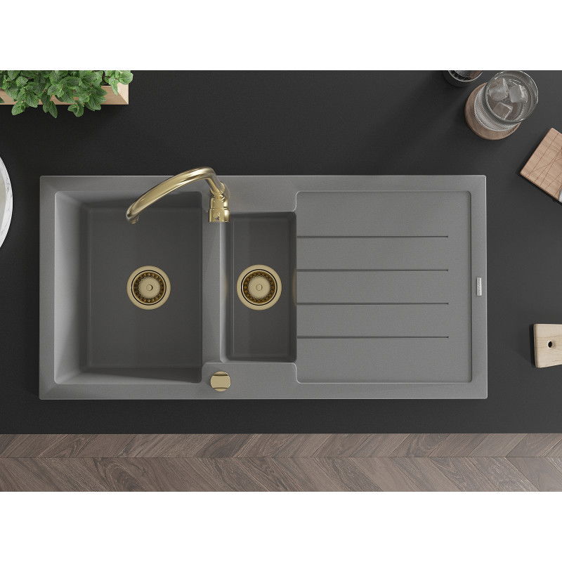 Mexen Andres granitový dřez 1,5-komorový s odkapávačem 1000 x 500 mm, šedý, zlatý sifon - 6515101510-71-G