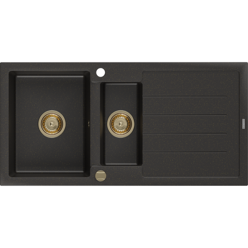 Mexen Andres granitový dřez 1,5-komorový s odkapávačem 1000 x 500 mm černý/zlatý metalický, zlatý sifon - 6515101510-75-G