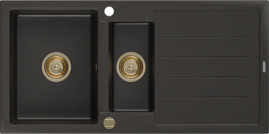 Mexen Andres granitový dřez 1,5-komorový s odkapávačem 1000 x 500 mm černý/zlatý metalický, zlatý sifon - 6515101510-75-G