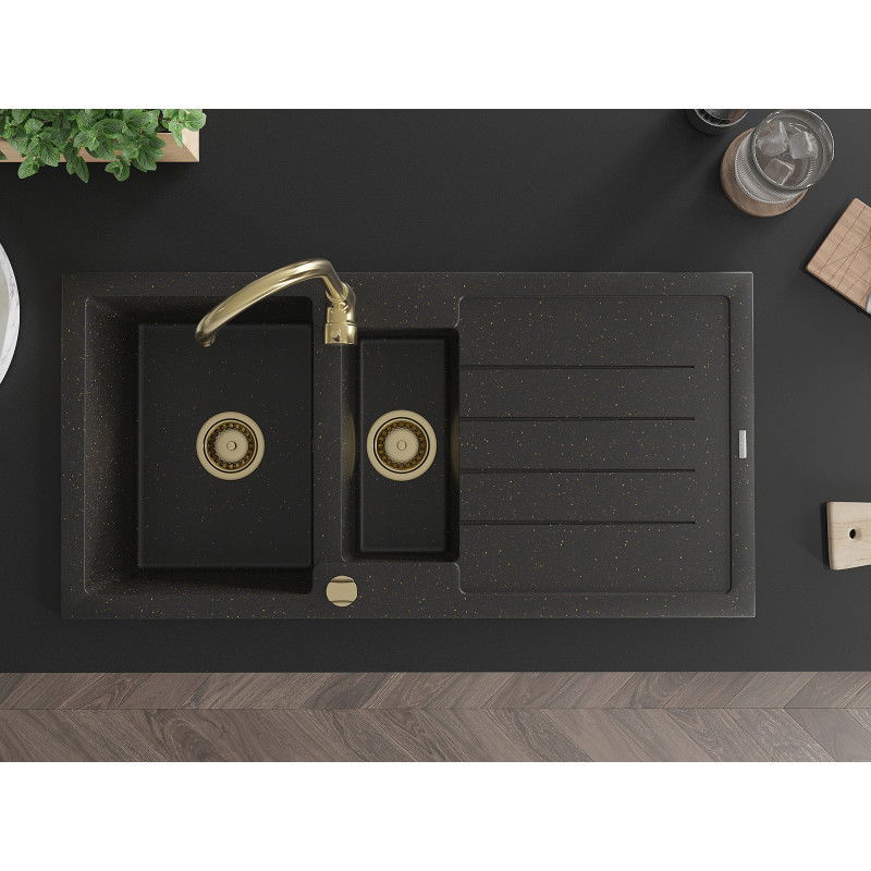 Mexen Andres granitový dřez 1,5-komorový s odkapávačem 1000 x 500 mm černý/zlatý metalický, zlatý sifon - 6515101510-75-G